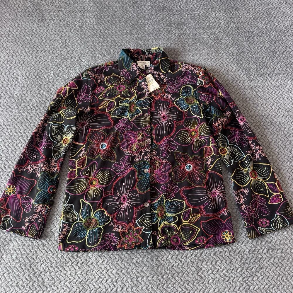NWT Women’s Coldwater Creek Black Multicolor Floral Button Up Top Size Sm